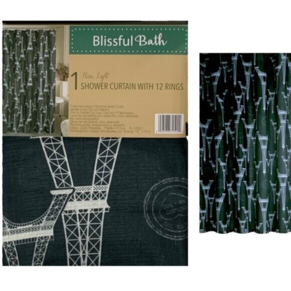 Blissful Bath Paris Shower Curtain Fabric Paris Eiffel Tower Hooks Black White - Picture 1 of 15